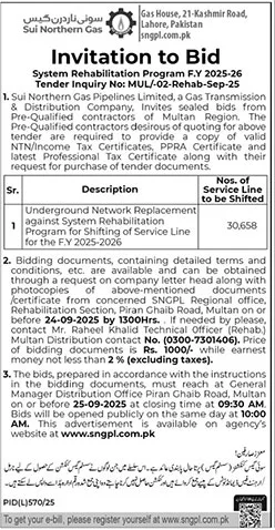 Sui Northern Gas Company Limited Lahore Tender Notice
